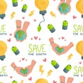 Vector pattern about preserving the Earth. Background with hands, batteries and light bulbs. Royalty Free Stock Photo