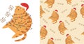 Vector pattern and print for Christmas products. Cute ginger cat sitting in a Santa Claus hat. The cat is tangled in the