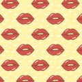 Vector pattern with prints of red lips. A splendid ornament with kisses on a yellow background Royalty Free Stock Photo