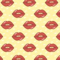 Vector pattern with prints of red lips. A splendid ornament with kisses on a yellow background