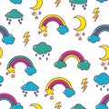 Vector pattern with rainbows, clouds and moon