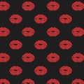 Vector pattern with red lip prints on black background. Colored ornament with kisses in the style of pop art. Royalty Free Stock Photo
