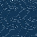 Vector pattern of sea tuna. Seamless pattern of a sketch drawn in the style of a whole sea tuna, side view, white isolated outline