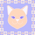 Vector pattern of a separate cat\'s face and an ornament of cat footprints on a checkerboard. Royalty Free Stock Photo