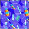 Vector pattern of set different medicines on blue background. Medical concept Royalty Free Stock Photo