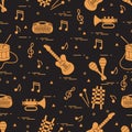 Vector pattern of sheet music and different musical toys: guitar Royalty Free Stock Photo