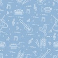 Vector pattern of sheet music and different musical toys: guitar Royalty Free Stock Photo