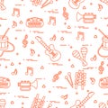 Vector pattern of sheet music and different musical toys: guitar