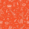 Vector pattern of sheet music and different musical toys: guitar Royalty Free Stock Photo