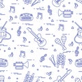 Vector pattern of sheet music and different musical toys: guitar Royalty Free Stock Photo