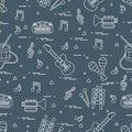 Vector pattern of sheet music and different musical toys: guitar Royalty Free Stock Photo