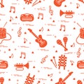 Vector pattern of sheet music and different musical toys: guitar Royalty Free Stock Photo