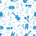 Vector pattern of sheet music and different musical toys: guitar Royalty Free Stock Photo