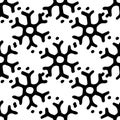 A pattern of a simple snowflake with dots. A seamless pattern of a hand-drawn snowflake with six rays in the style of doodles with