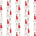 Seamless background of sketches fashionable young women in red and white dresses