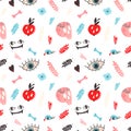 Vector pattern with a skull, tattoos, bones, apple, eyes, in a flat style on a white background. Royalty Free Stock Photo