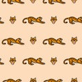 Vector pattern with a snarling tiger in cartoon style on a beige background