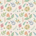 Vector pattern with spring doodle flowers and leaves.