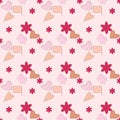 vector pattern with stitched patchwork hearts, fabric patches, and red flowers Royalty Free Stock Photo