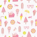 Vector pattern, summer texture with ice cream, ice cons, lemon slices, fishes, lemonade, fish, trendy 2020.