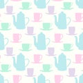 Vector pattern with teapots, tea mugs and coffee cups