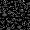 Vector pattern on the theme of food. Background with isolated meat, sausage, chicken, pork, beef on black color