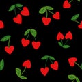 Vector pattern with tossed red herart cherries and leaves on black