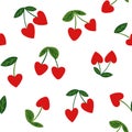 Vector pattern with tossed red herart cherries and leaves on white