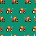 Vector pattern tractor. Repeating kids background. Seamless vector background tractors on green.