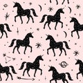 Vector pattern with unicorns, moon and stars, space constellations. Beautiful wall texture