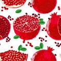Vector pattern of watercolor pomegranate fruits, hand drawn