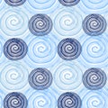 Vector pattern with wavy spiral circles in blue colors. Bluish hand drawn background