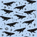 Vector pattern with whales, moon and stars, space constellations. Beautiful wall texture