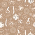 Vector pattern with white outlined slices of vegetables on brown background Royalty Free Stock Photo