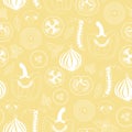 Vector pattern with white outlined slices of vegetables on yellow background Royalty Free Stock Photo