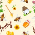 Seamless pattern with design of beekeeping products. Honey. Vector illustration Royalty Free Stock Photo