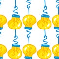 A pattern of a yellow light bulb. a seamless pattern Drawn by hand, in a cartoon style, made of a bright yellow round