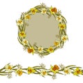 Vector patterned daffodils brushes. Wreath. Wreath. Botanical wedding