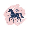 Vector patterned night unicorn, moon and stars, space constellations. Beautiful onamental animal print, Northern Lights