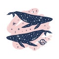 Vector patterned whales couple, moon and stars, space constellations. Beautiful onamental animal print, Northern Lights