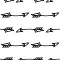 patterns of arrows. Seamless doodle-style pattern pattern, vintage curved triangular arrowhead and feather ends, black