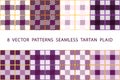 8 VECTOR PATTERNS SEAMLESS TARTAN PLAID violet purple set Royalty Free Stock Photo