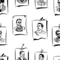 Seamless background of sketches portraits various young men on note sheets paper