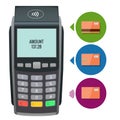 Vector payment machine and credit card. POS terminal confirms the payment by debit credit card, invoce. Vector