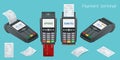 Vector payment machine and credit card. POS terminal confirms the payment by debit credit card, invoce. Vector Royalty Free Stock Photo