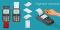 Vector payment machine and credit card. POS terminal confirms the payment by debit credit card, invoce. Vector