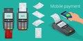 Vector payment machine and credit card. POS terminal confirms the payment by debit credit card, invoce. Vector