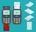 Vector payment machine and credit card. POS terminal confirms the payment by debit credit card, invoce. Vector