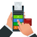 Vector payment machine and credit card. POS terminal confirms the payment by debit credit card, invoce. Vector