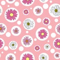 Vector peach pink background pink daisy flowers and wild flowers. Seamless pattern background Royalty Free Stock Photo